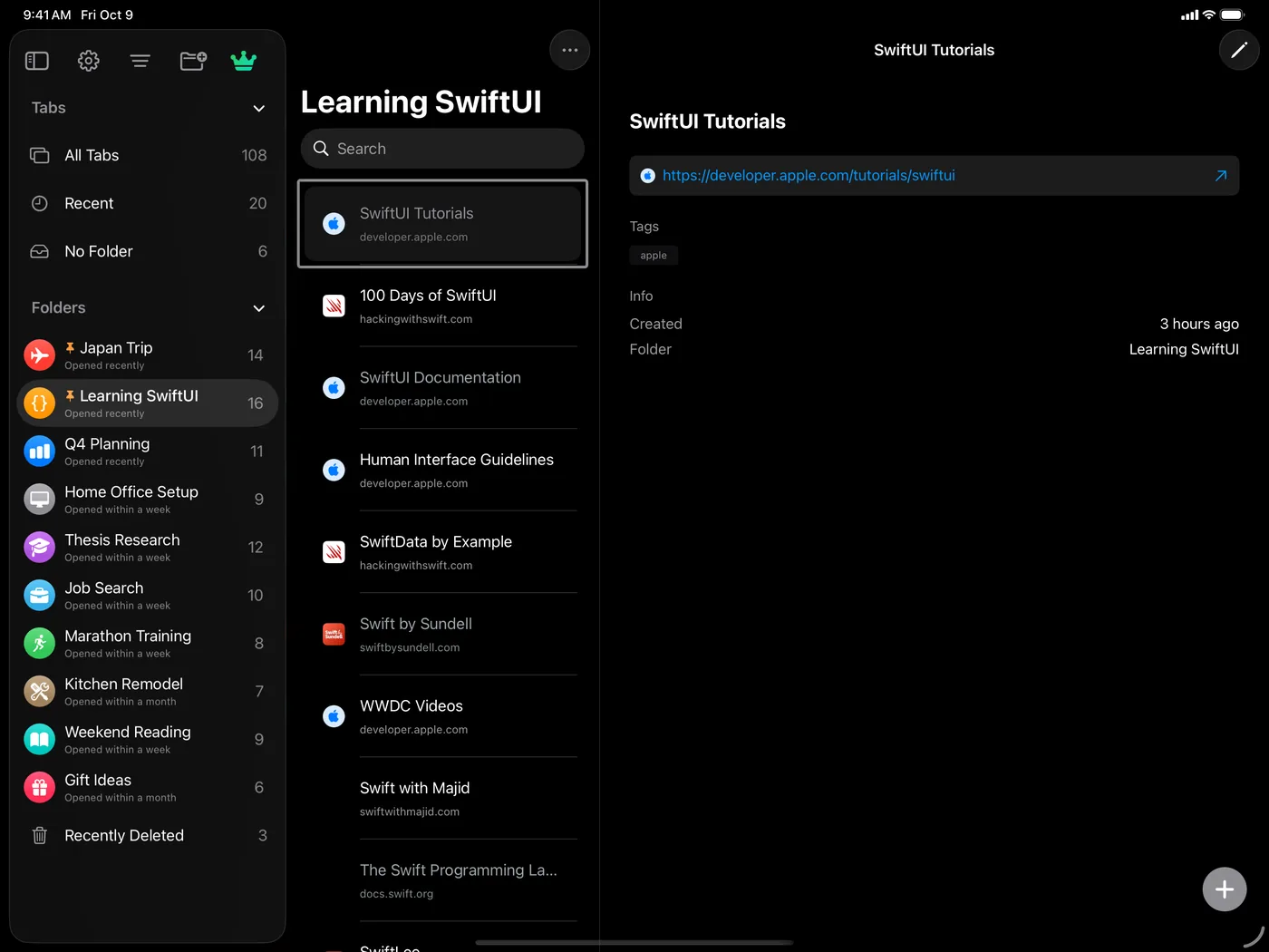 TabLinker on iPad: folders, saved tabs, and one tab's details side by side