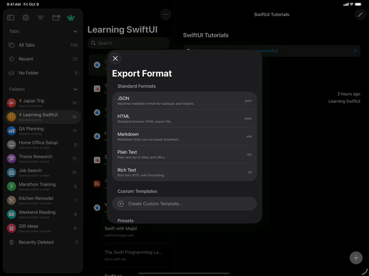 TabLinker's Export Format sheet on iPad with JSON, HTML, Markdown, and more