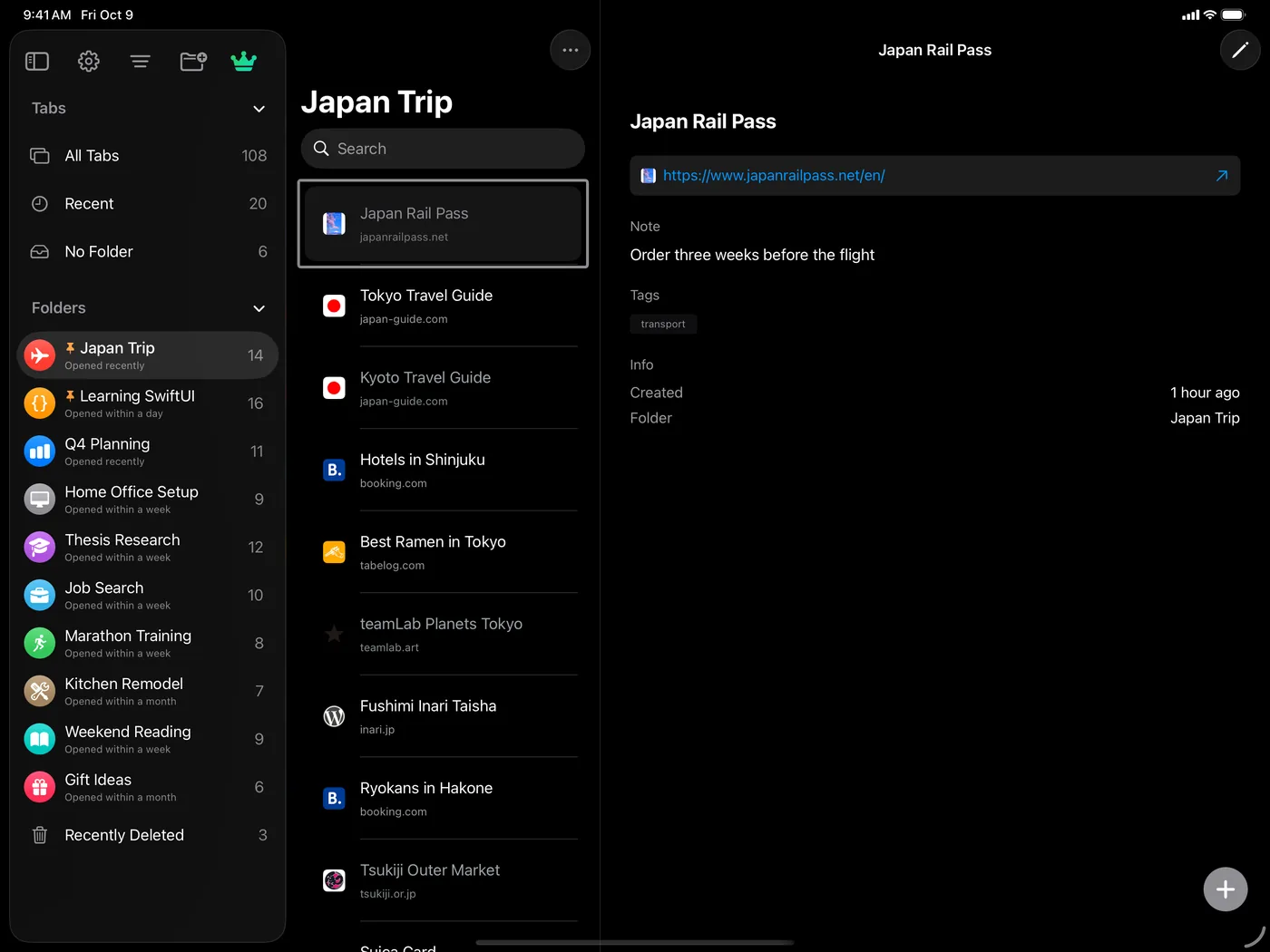 The same Japan Trip folder in TabLinker on iPad