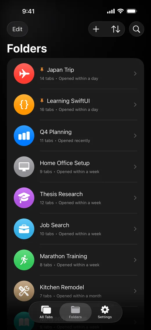 TabLinker folders on iPhone with icons, colors, and pinned folders