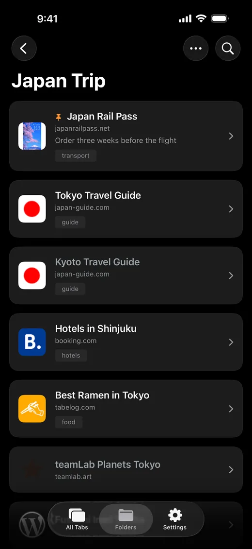 The same Japan Trip folder in TabLinker on iPhone