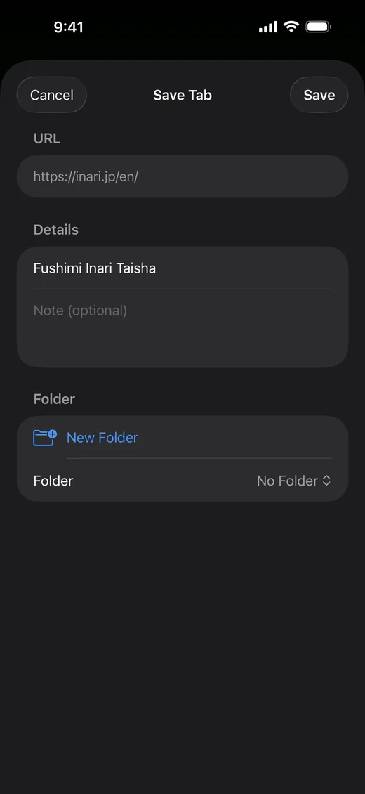 TabLinker's Save Tab sheet, opened from the share sheet in Safari on iPhone