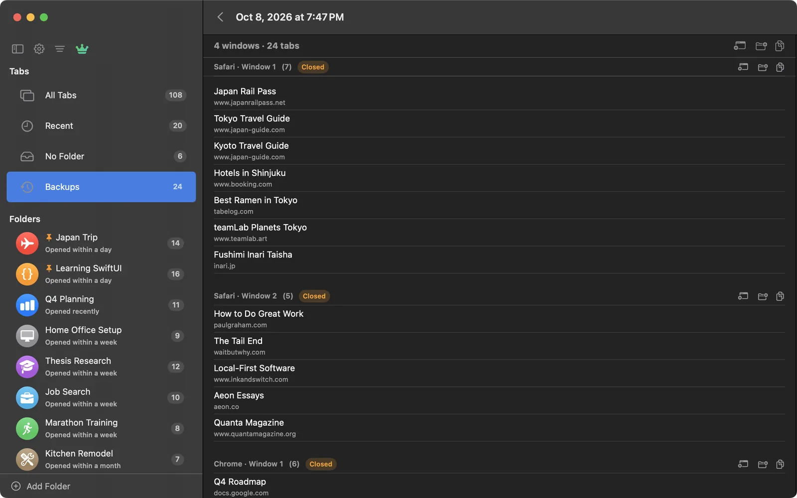 TabLinker's Backups view on Mac, with closed browser windows ready to restore