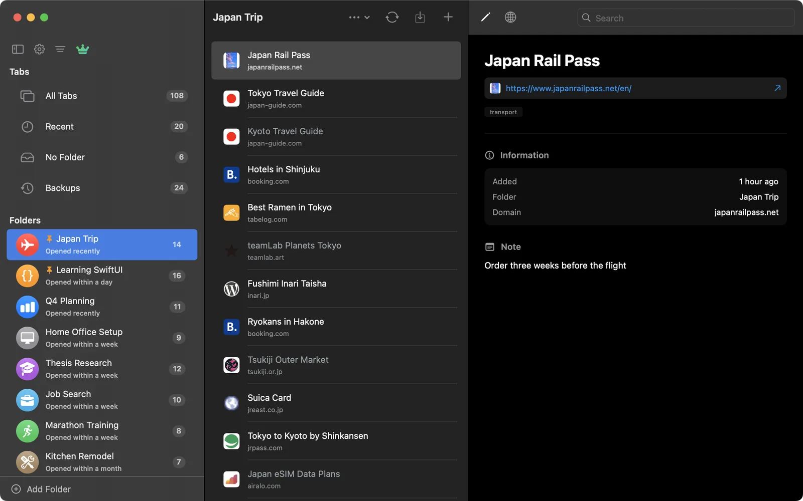 The Japan Trip folder in TabLinker on Mac, with a saved tab's note and tag