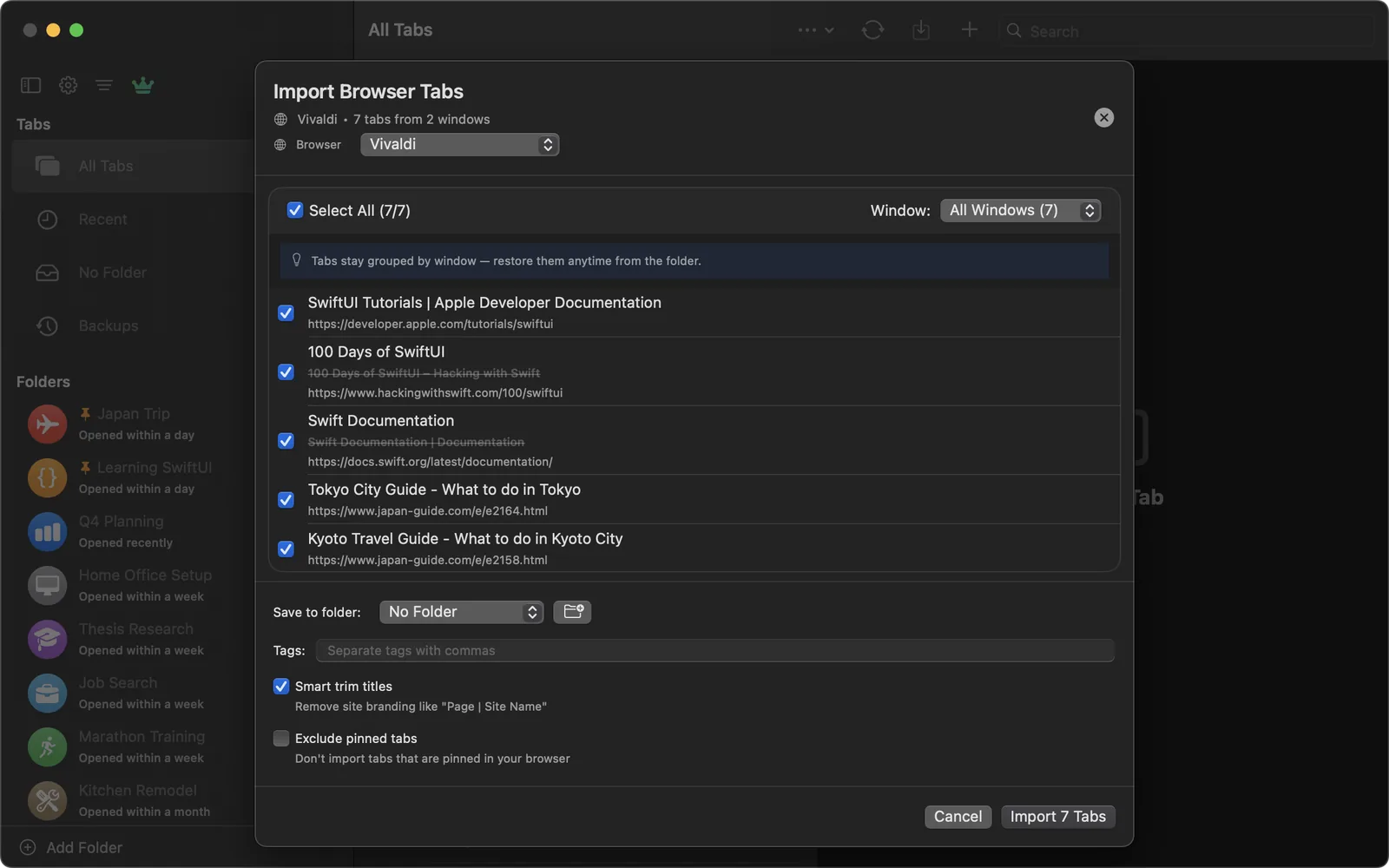 TabLinker's Import Browser Tabs sheet listing 7 tabs from 2 Vivaldi windows