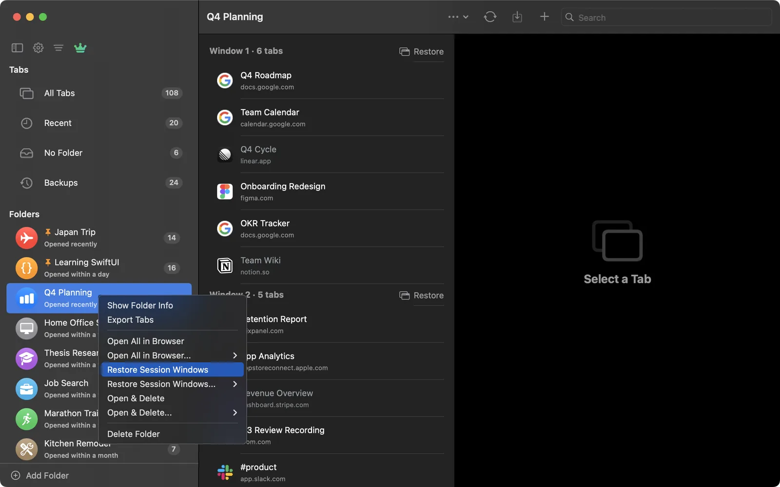 A TabLinker folder menu with Restore Session Windows, over tabs grouped by window