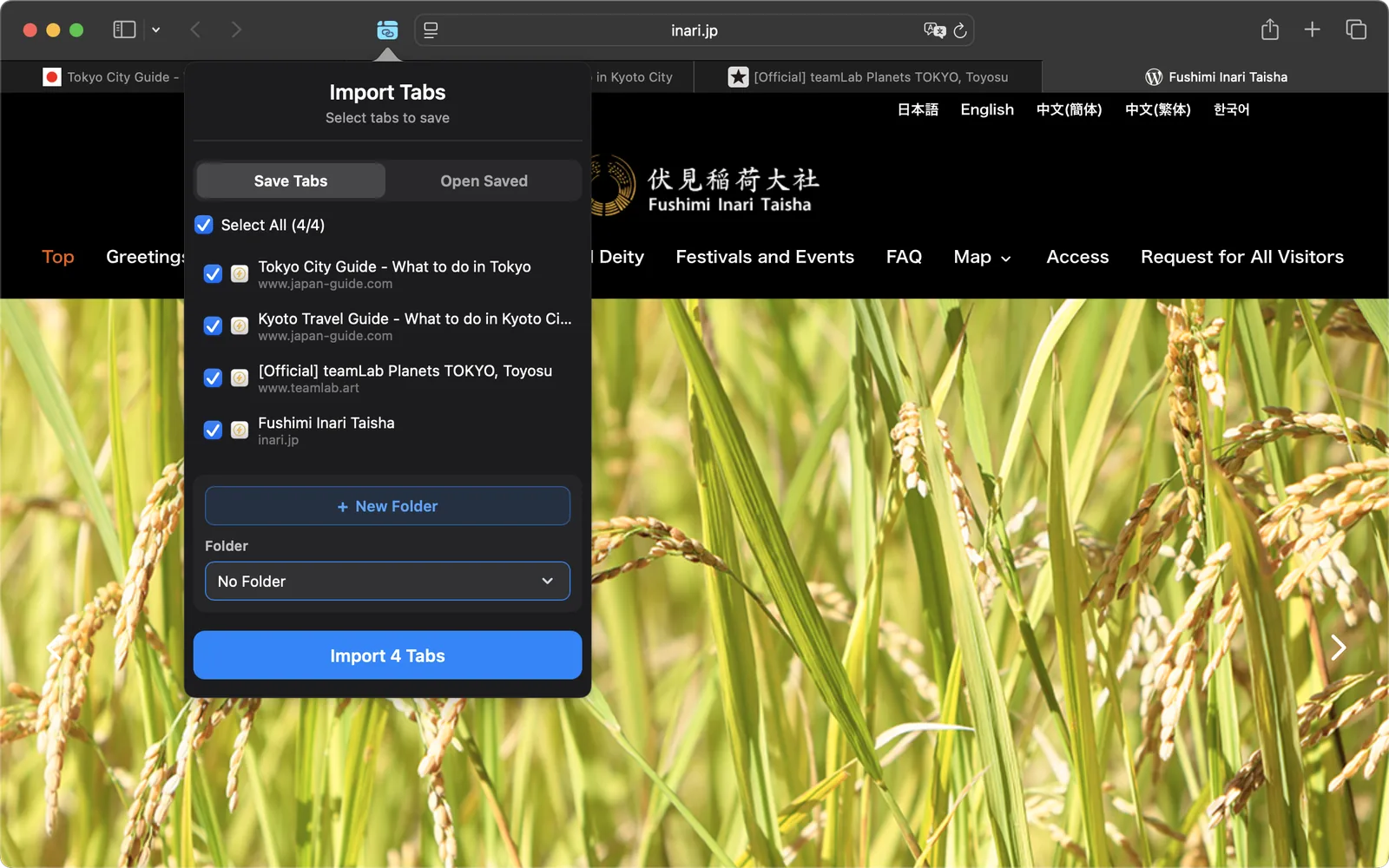 The TabLinker Safari extension popup listing 4 open tabs to import